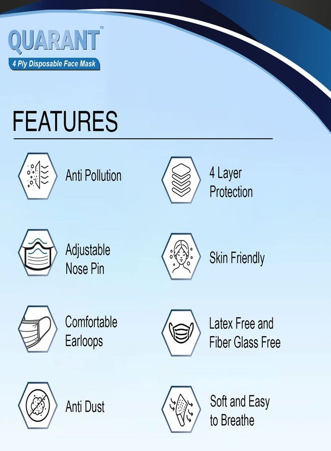 QUARANT Meltblown - Dual SMMS Fabric 4 Ply Anti Pollution Disposable Face Mask with Nose Clip and Reusable Travel Pouch (Blue, Pack of 100) for Unisex - Image 2